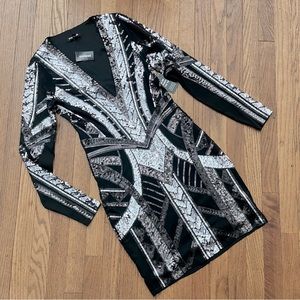 Express Sequin Black/Silver Bodycon Mini Dress Plunging V-Neck Stretch Size XS